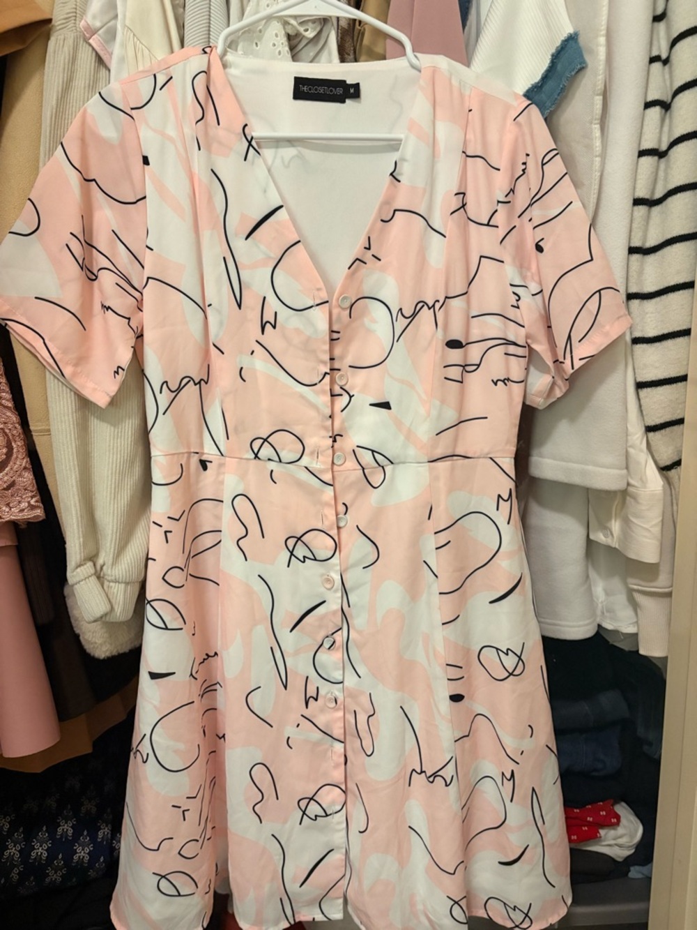 Pink Abstract Button-Front Midi Dress
